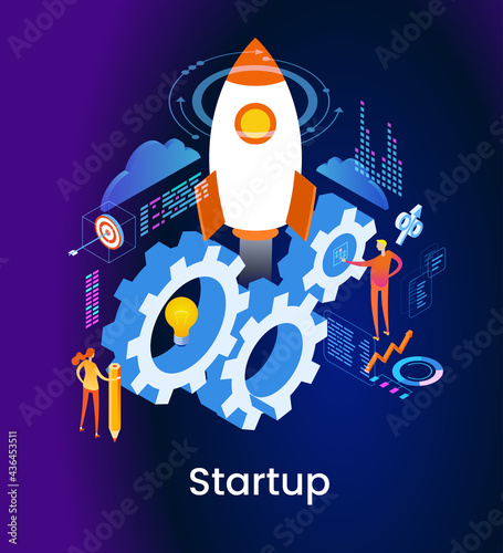 Startup management isometric concept banner. The work of a person to achieve a goal. Startup concept. New product on the market. 