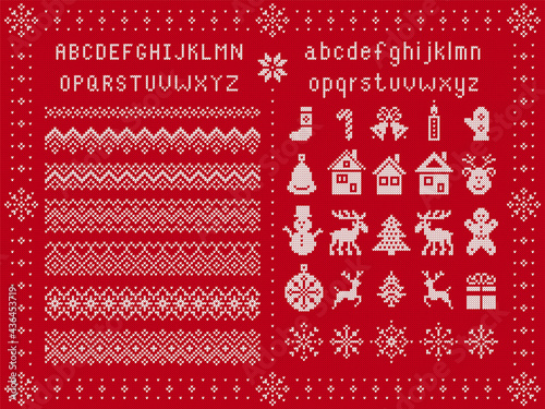 Christmas font and xmas elements. Vector. Knit seamless borders. Sweater pattern. Fairisle ornament with type, snowflake, deer, bell, tree, snowman, gift box. Knitted print. Red textured illustration