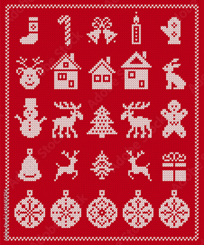 Christmas ugly elements. Vector. Knit seamless pattern. Sweater xmas border. Fair isle ornament with snowflake, deer, gingerbread man, tree, snowman, gift box. Knitted print. Red textured illustration