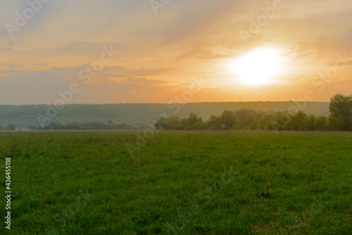 Summer landscape with sunrise over a green field