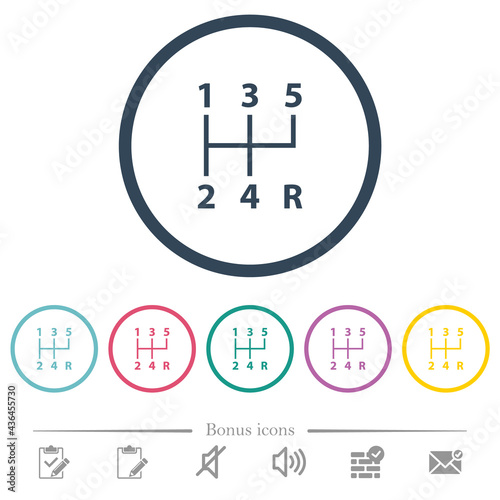 five speed manual gear shift flat color icons in round outlines