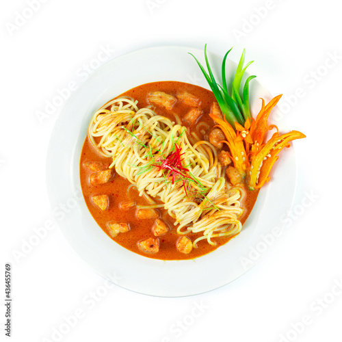 Spaghetti with Shrimp in Dried Red Curry Sauce and Coconut Milk (Chuchee) Thai and Italian Food photo