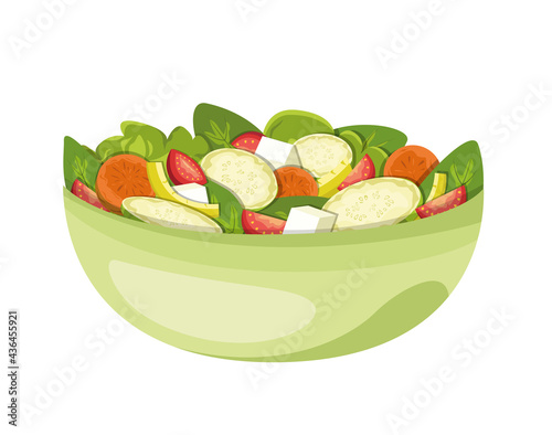 Salad of fresh vegetables, a plate with zucchini, carrot, spinach, herbs, tomatoes and feta, a bright realistic vector illustration of a homemade salad