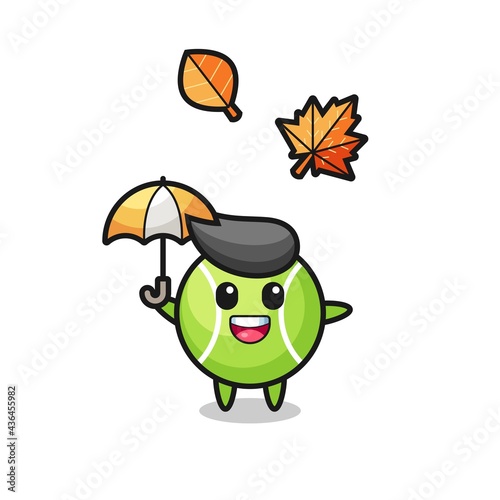 cartoon of the cute tennis holding an umbrella in autumn