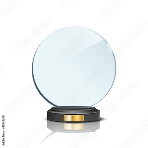 Award trophy, circle shaped glass prize statues on white background. Champion glory in competition vector illustration. Hollywood fame in film or championship in sport