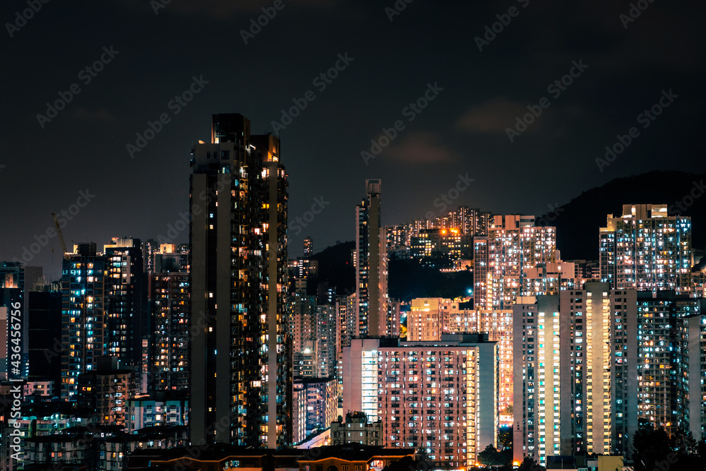 Hong Kong residential district at night , skyscraper buildings