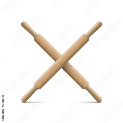 Wooden crossed rolling pins isolted on white background. Vector realistic wood kitchen utensils design element.