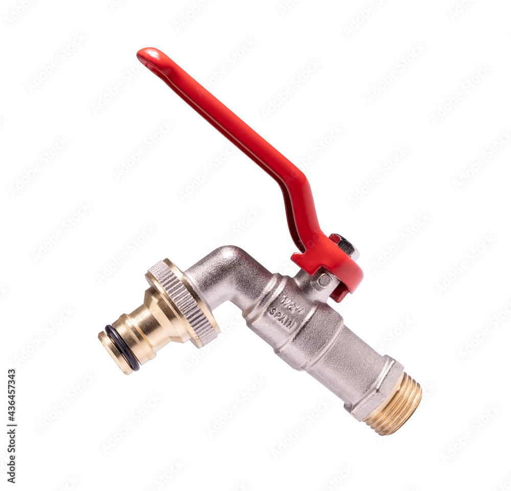 Brass nozzle cock with red quarter turn handle. Isolated on white background. Bib cock 1/2