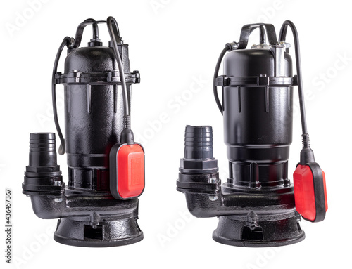 Black drainage and fecal submersible pump. Complete with float switch. Isolated on white background.