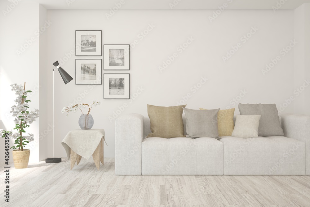 Fototapeta premium White living room with sofa. Scandinavian interior design. 3D illustration