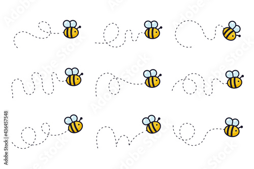 Bee flying path. A bee flying in a dotted line The flight path of a bee to honey.