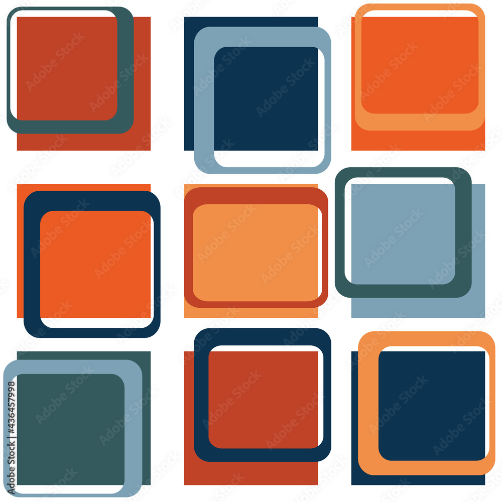 Seamless geometric Mid Century inspirational pattern with colorful (orange, navy blue, light blue, red, turquoise) squares decoration on white background Seamless geometric Mid Century inspirational pattern with colorful (orange, navy blue, light blue, red, turquoise) squares decoration on white background