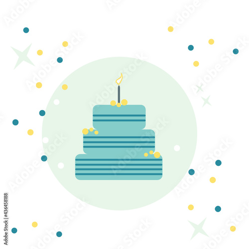 Vector illustration of a cake on a white background. Happy Birthday. Happy anniversary. Blueberry cake with a candle.