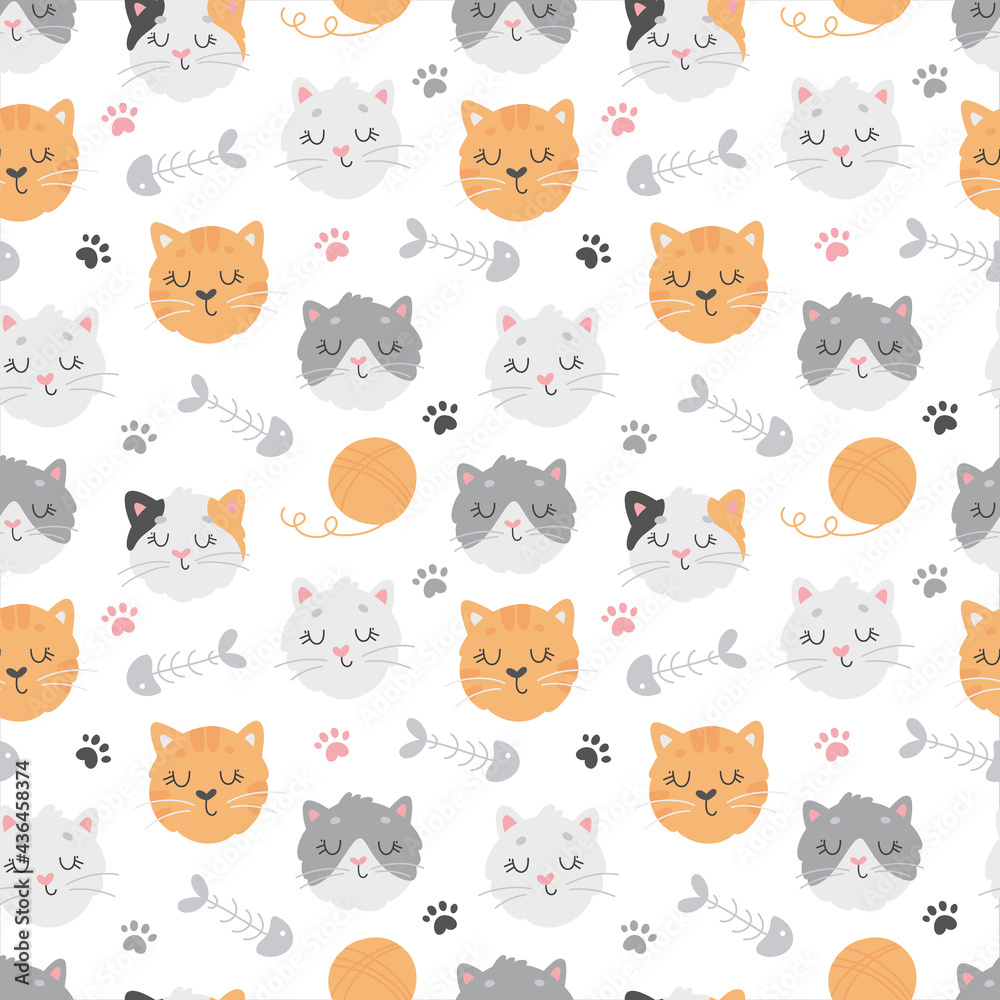 Fototapeta premium Vector seamless pattern with cute cats, clew, footprints and fish bones