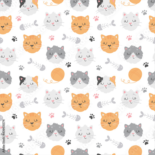 Vector seamless pattern with cute cats, clew, footprints and fish bones