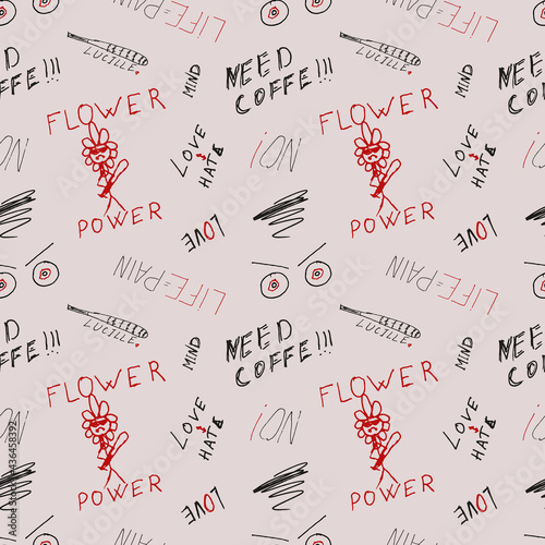 Vector seamless modern pattern with text, pen lettering, doodle, crooked handwriting, rock star words on beige background. Abstract fashion pattern print pattern in hand drawing style for boys.
