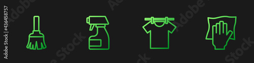Set line Drying clothes, Feather broom, Cleaning spray bottle and service. Gradient color icons. Vector