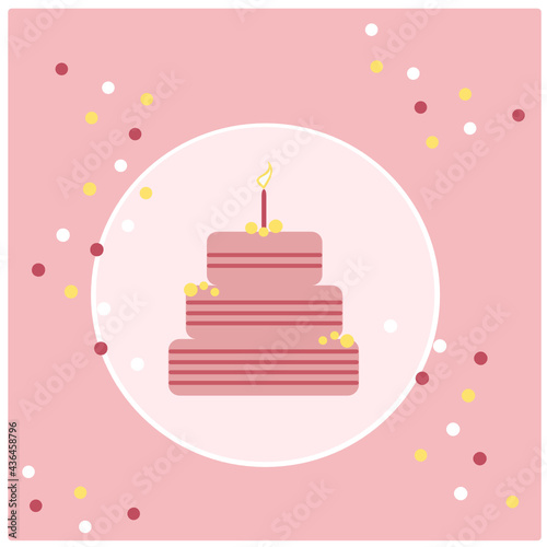 Vector illustration of a cake on a pink background. Happy Birthday. Happy anniversary. Strawberry cake with a candle. 