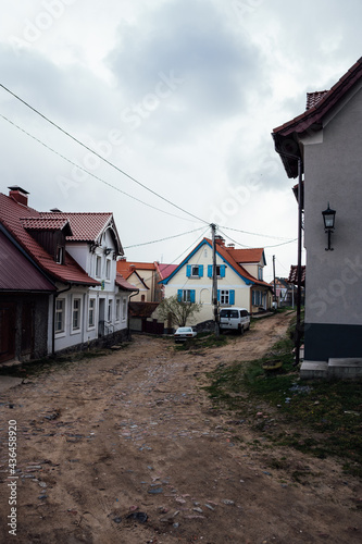 Street with old houses in the town of Zheleznodorozhny after repair, Kaliningrad region © Anton