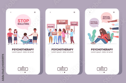 set stop bullying violence social anxiety psychotherapy concept smartphone screens collection horizontal