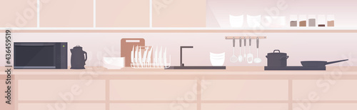 modern kitchen interior empty no people house room with furniture horizontal