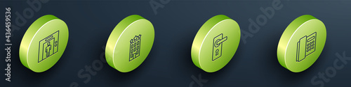 Set Isometric line Lift, Hotel building, Door handle and Telephone handset icon. Vector