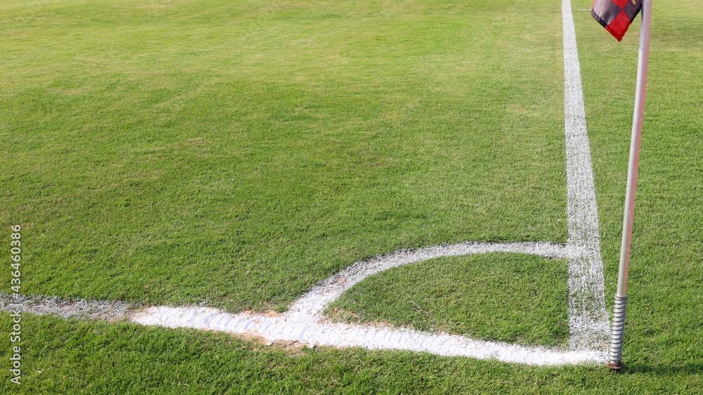 Fototapeta premium Green soccer field corner. Football field and white lines on outdoor green lawn on a sunny day with flagpoles. spot focus