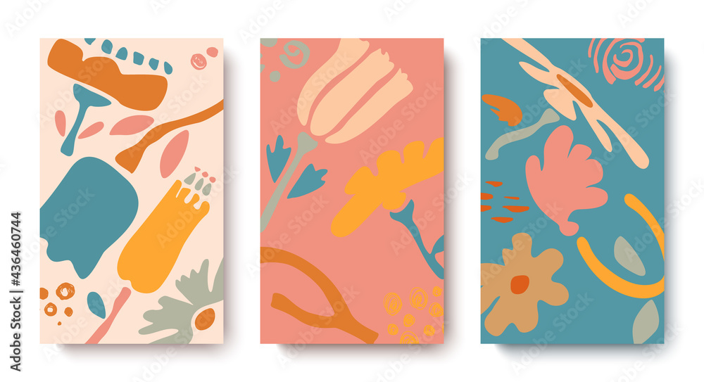 A modern abstract set in pastel colors.Hand-drawn flowers,doodles.Children's illustration.Applicable for banners, covers, invitations,greetings