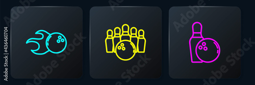 Set line Bowling ball, pin and and . Black square button. Vector
