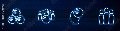 Set line Billiard ball, , Bowling pin and and . Glowing neon icon on brick wall. Vector