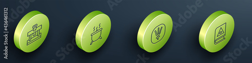 Set Isometric line Bottle with potion, Witch cauldron, Neptune planet and Ancient magic book icon. Vector