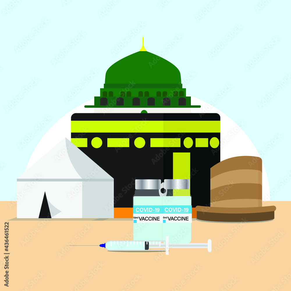 A vector of Hajj places need to visit Kaaba, Arafah tent, Nabawi mosque and Mina Jamrah with two doses of Covid-19 vaccines and injection syringe. All pilgrimage need to complete vaccines before Hajj. A vector of Hajj places need to visit Kaaba, Arafah tent, Nabawi mosque and Mina Jamrah with two doses of Covid-19 vaccines and injection syringe. All pilgrimage need to complete vaccines before Hajj.