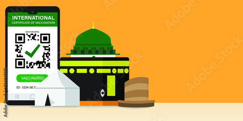 A vector of Hajj places need to visit Kaaba, Arafah tent, nabawi mosque and Mina Jamrah with International Certificate of Vaccination. All pilgrimage need to complete vaccines before perform Hajj.