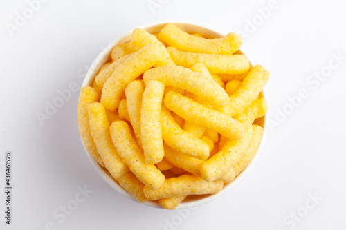 Quadro su tela Close up of Cheese Potato Puff Snacks sticks, Popular Ready to eat crunchy and p