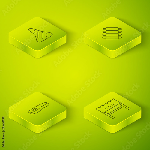 Set Isometric line Grilled pork bbq ribs, Steak meat, BBQ brazier and icon. Vector