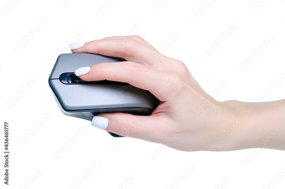 Gray PC mouse in hand on white background isolation Gray PC mouse in hand on white background isolation