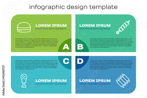 Set line Chicken leg, Burger, Grilled pork bbq ribs and shish kebab. Business infographic template. Vector