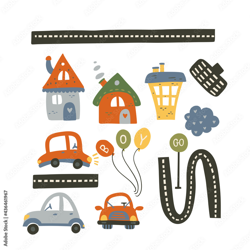 Car and city vector illustration for baby boy shirt and room designs. Cute vehicle on a road travel poster. Kid auto card.
