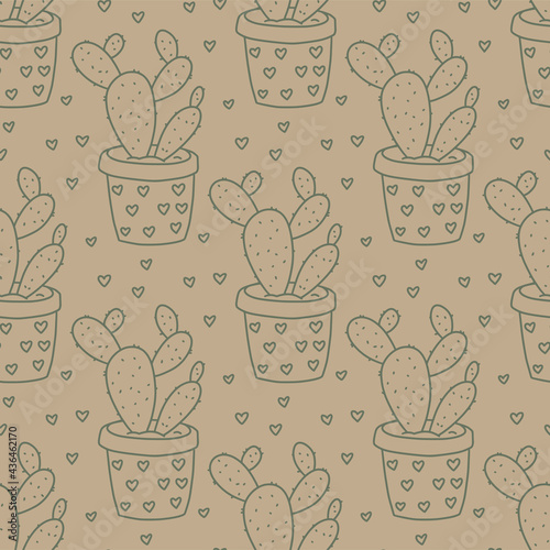 Seamless succulent and cactus plants seamless pattern. Vector tropical illustration of desert flowers in a pot. Hand drawn line doodle nature print.