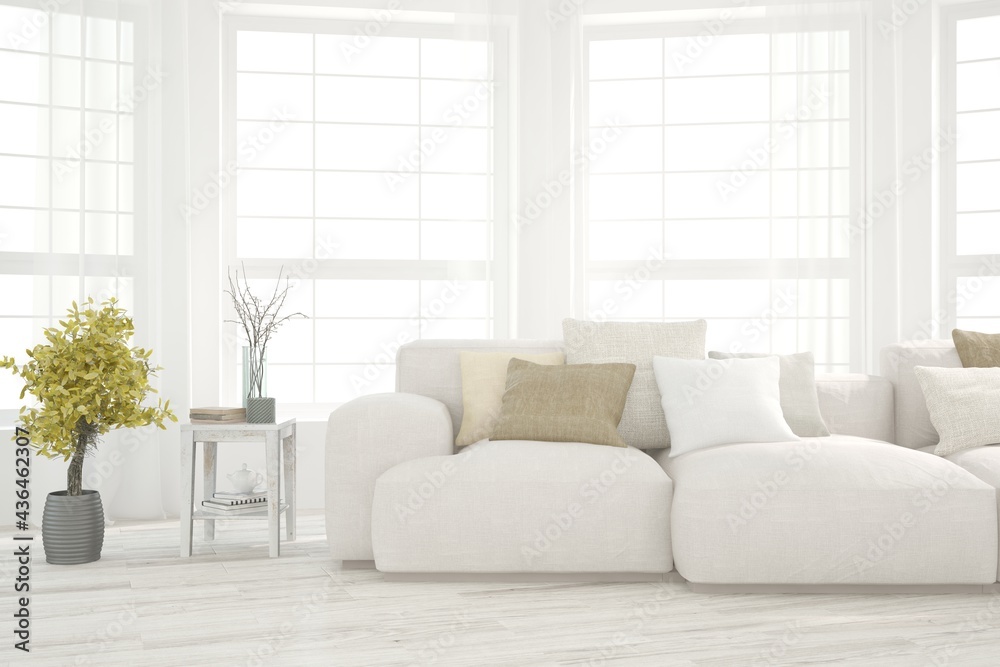 Fototapeta premium White living room with sofa. Scandinavian interior design. 3D illustration