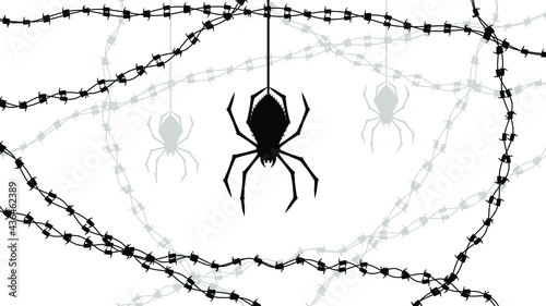 Spiders on Web with white Background. Halloween Background Design Element. Spooky, Scary Horror Decoration Vector