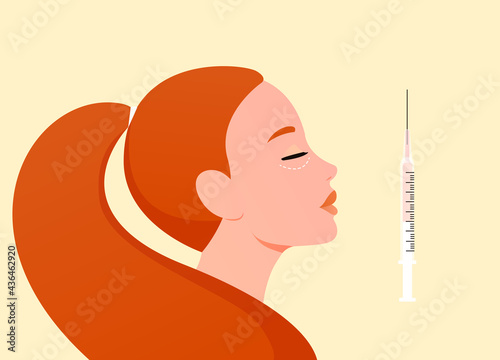 Face injections concept. Cosmetology procedures. Red haired woman and syringe with collagen or hyaluronic acid