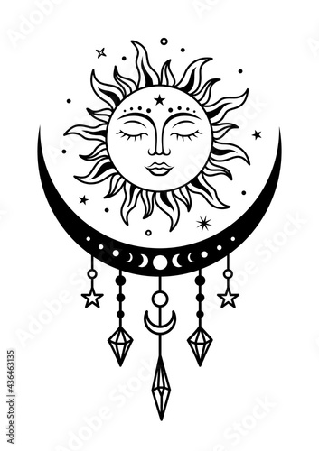 Sun and crescent moon vector silhouette design. Boho sun with face. Monochrome illustration. Symbols of magic and alchemy. Mystical sign. Witchy print.