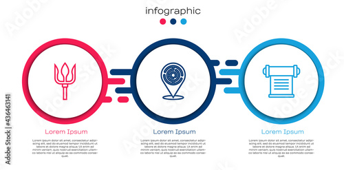 Set line Neptune Trident, Minotaur labyrinth and Decree, parchment, scroll. Business infographic template. Vector