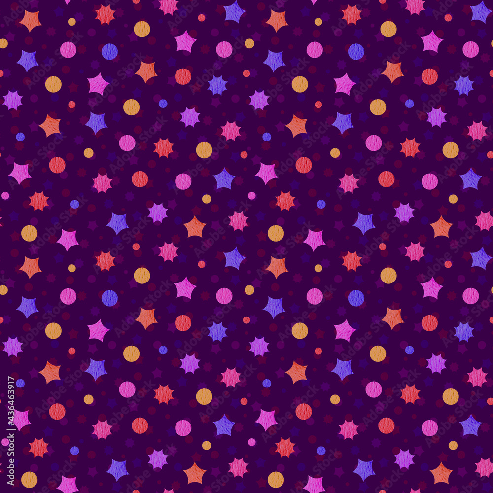 Abstract seamless watercolor pattern with small stars, gears and circles. Design for baby packaging, gift wrapping, birthday, holidays. Dark violet background.