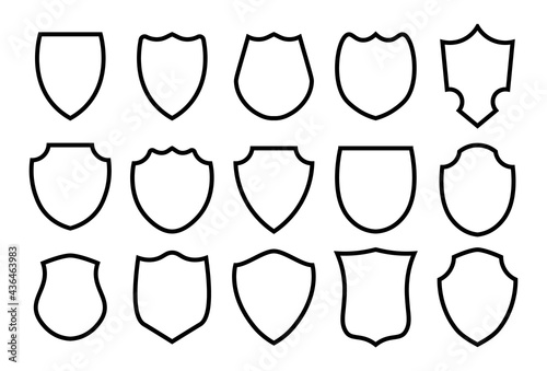 Military or heraldic shield and coat of arms blank icons. Police badge outline set