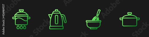 Set line Kitchen whisk with bowl, Cooking pot, Electric kettle and . Gradient color icons. Vector