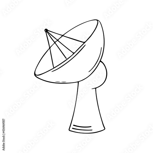 Hand-drawn satellite dish exploring space and extraterrestrial life. Doodle style, simple minimalist drawing. Fantasy cosmic sketch, line art.Isolated.Vector illustration. © Ольга Фурманюк
