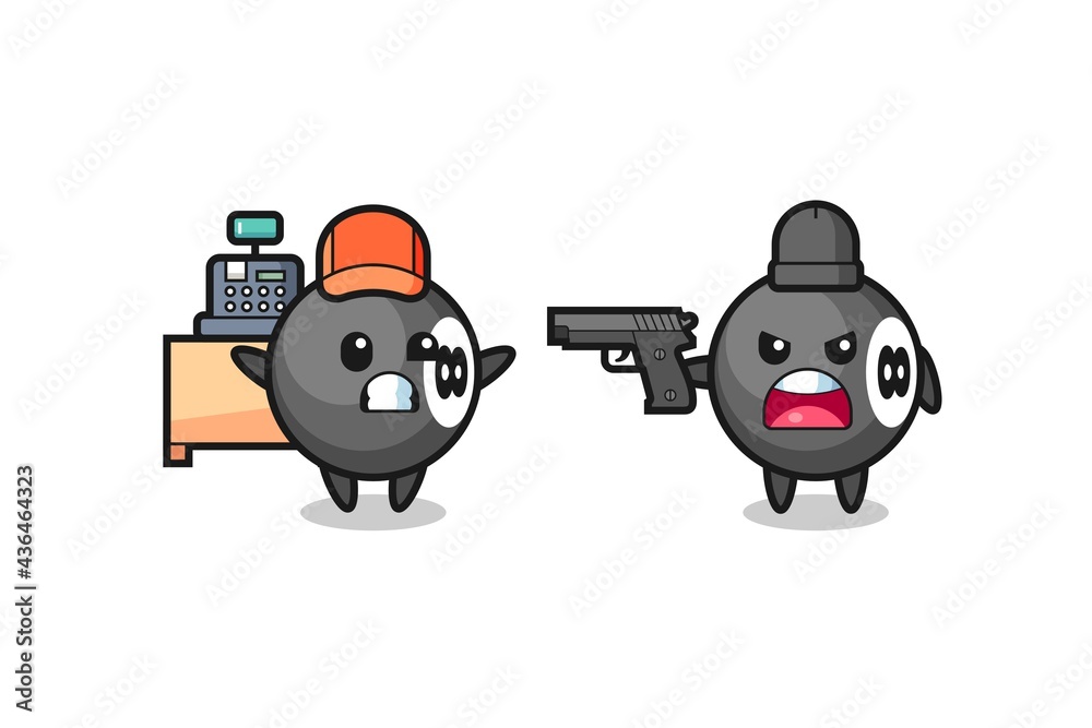 illustration of the cute 8 ball billiard as a cashier is pointed a gun by a robber