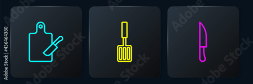 Set line Cutting board and knife, Knife and Barbecue spatula. Black square button. Vector